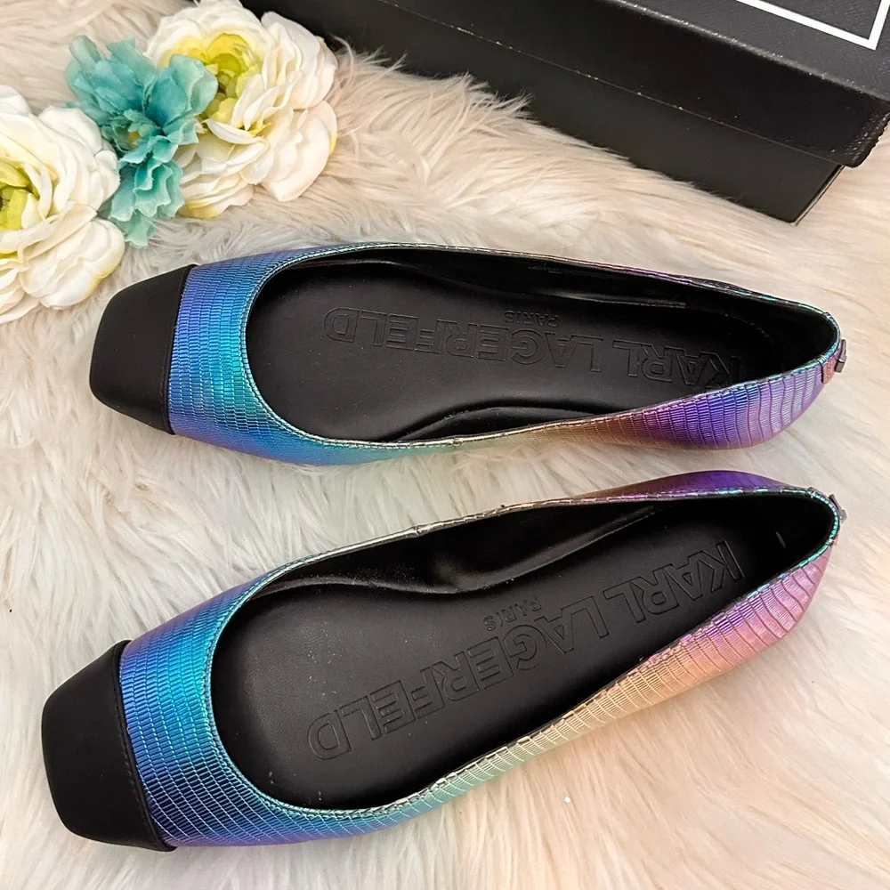Karl Lagerfeld Paris Zayna MultiI Colored Metallic Black Flats Sz 9M NEW! FIRM! - Picture 6 of 10